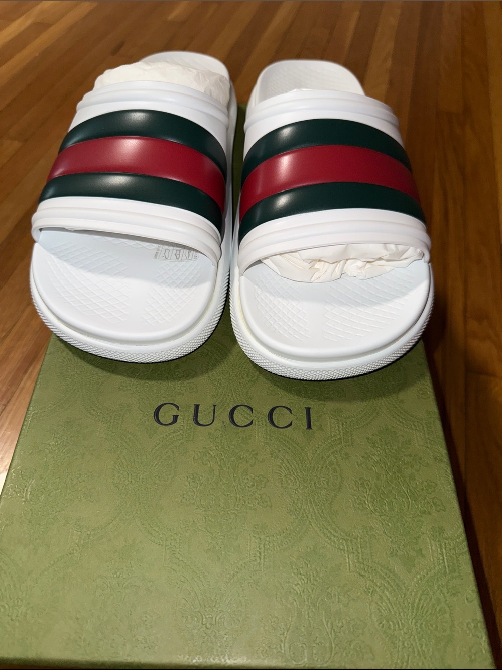 Gucci White Slides with Green & Red Stripes